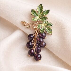 Grape Leaf Brooch – Green Enamel Leaf & Purple Crystal Beads